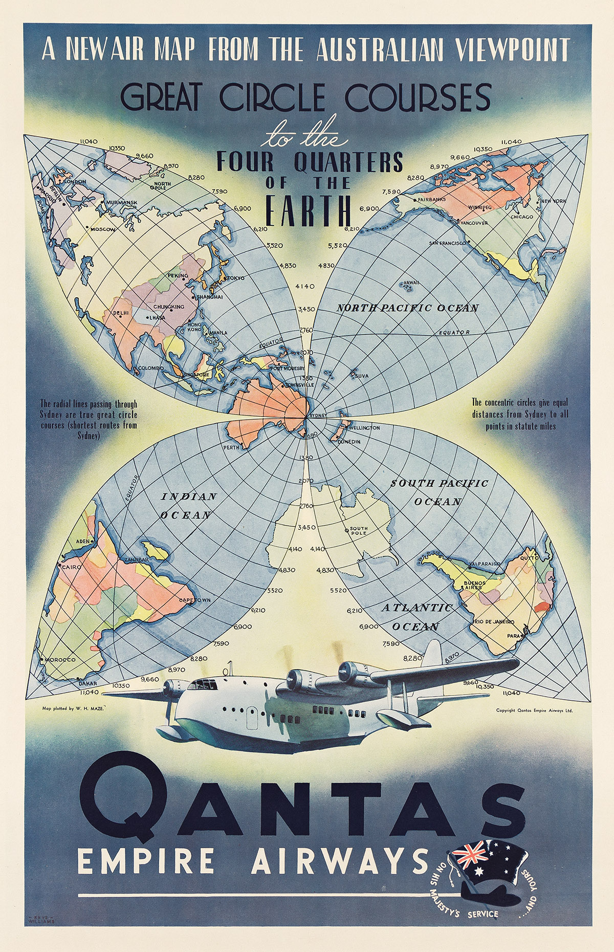 RHYS WILLIAMS (1894-1976).  QANTAS / A NEW AIR MAP FROM THE AUSTRALIAN VIEWPOINT. Circa 1939. 40x26 inches, 101½x66 cm. Qantas Empire A